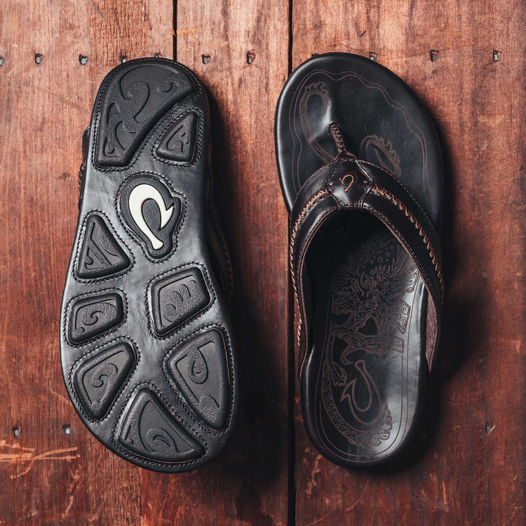 OluKai Men's Mea Ola Leather Sandals Dark Java/Dark Java - AllSportsWearUSA